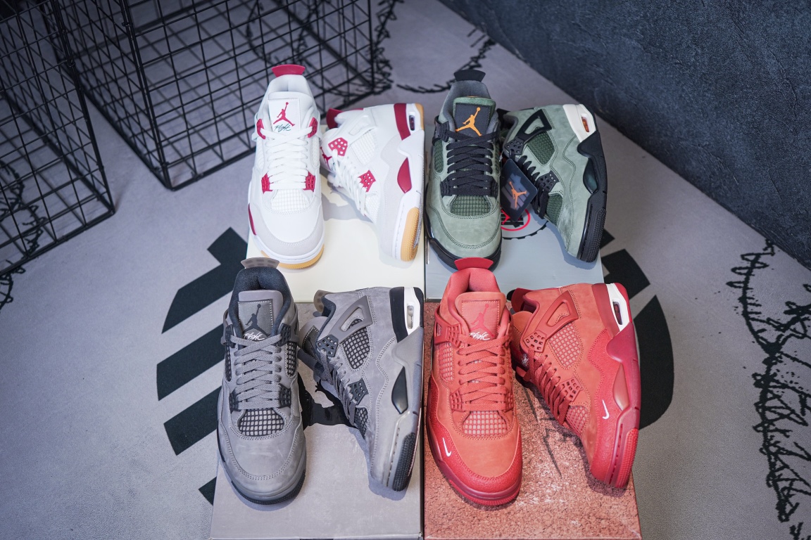 NK SB x Air Jordan 4 collaboration in white and red, military green, gray and brown, and red brick.