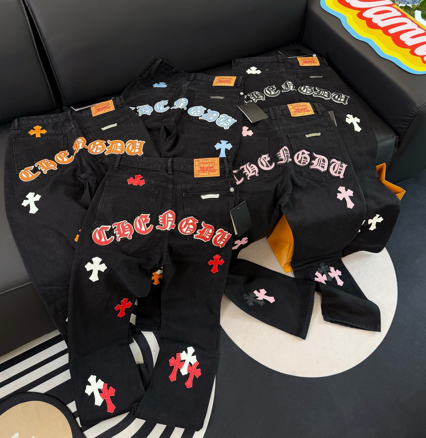 Chrome Hearts black and pink denim pants in 5 colors