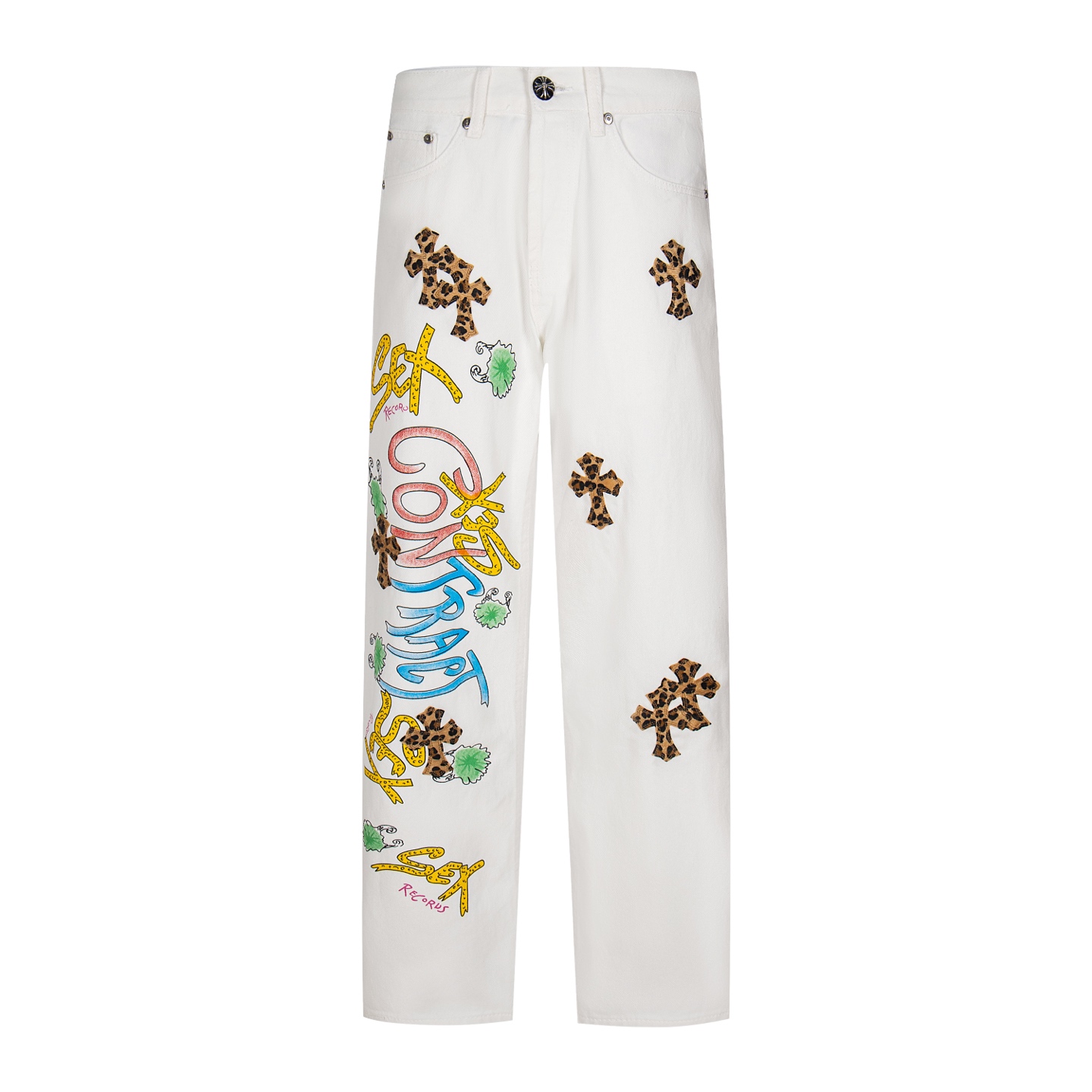Chrome Hearts Mattyboy graffiti painted leopard print cross denim pants, unisex style
