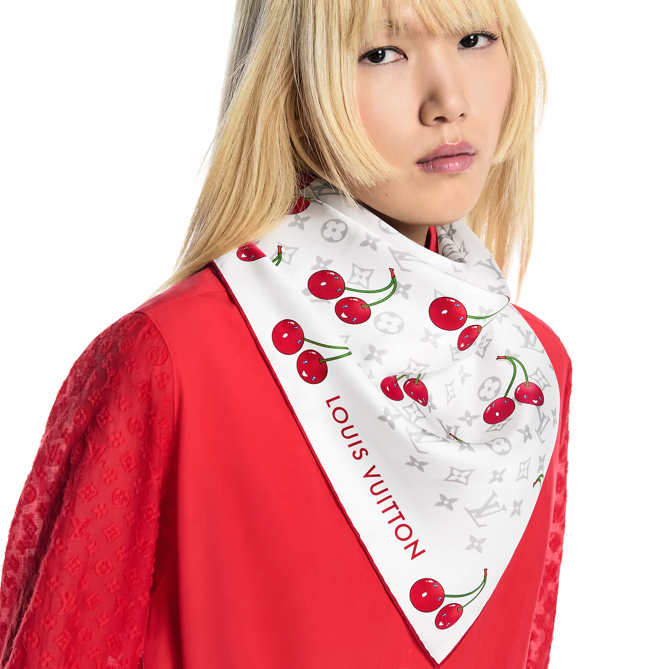 LVx TM Monogram Cerise cherry three-color scarf